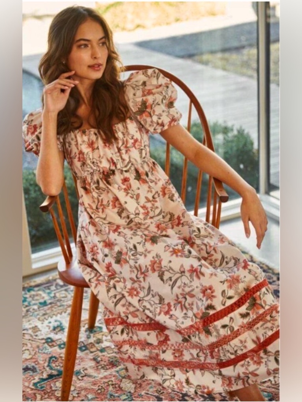 Mi Golondrina Blush Pink Floral Puff-Sleeve Midi Dress Elena crema coral SZ M - Picture 2 of 9